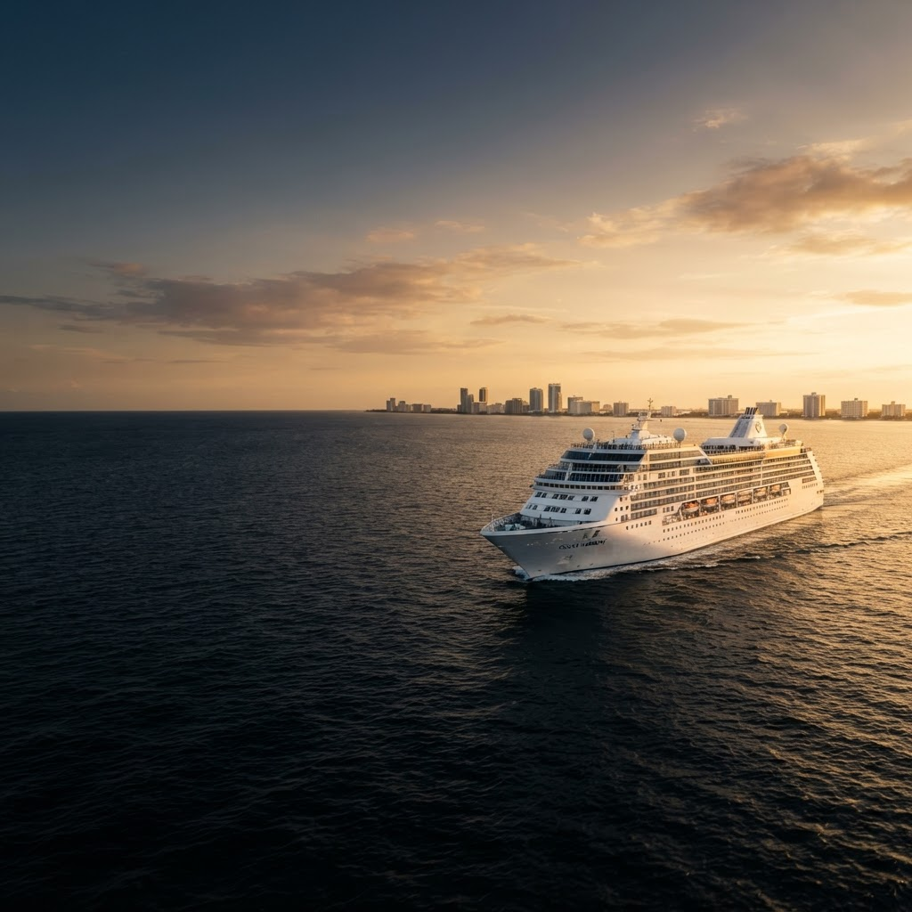 Crucero navegando al atardecer